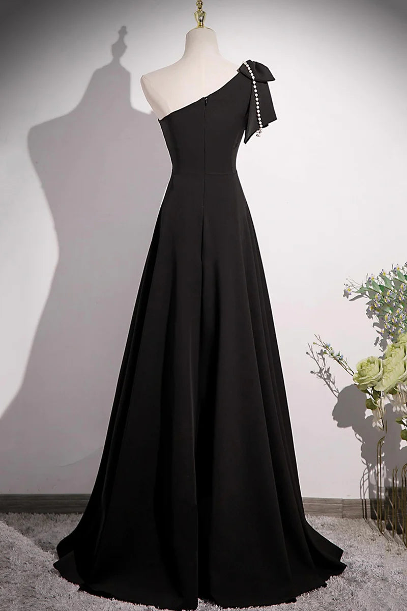 Black A-Line One Shoulder Bow Bead string Elegant Long Prom Dresses Formal Graduation Dress Evening Dresses