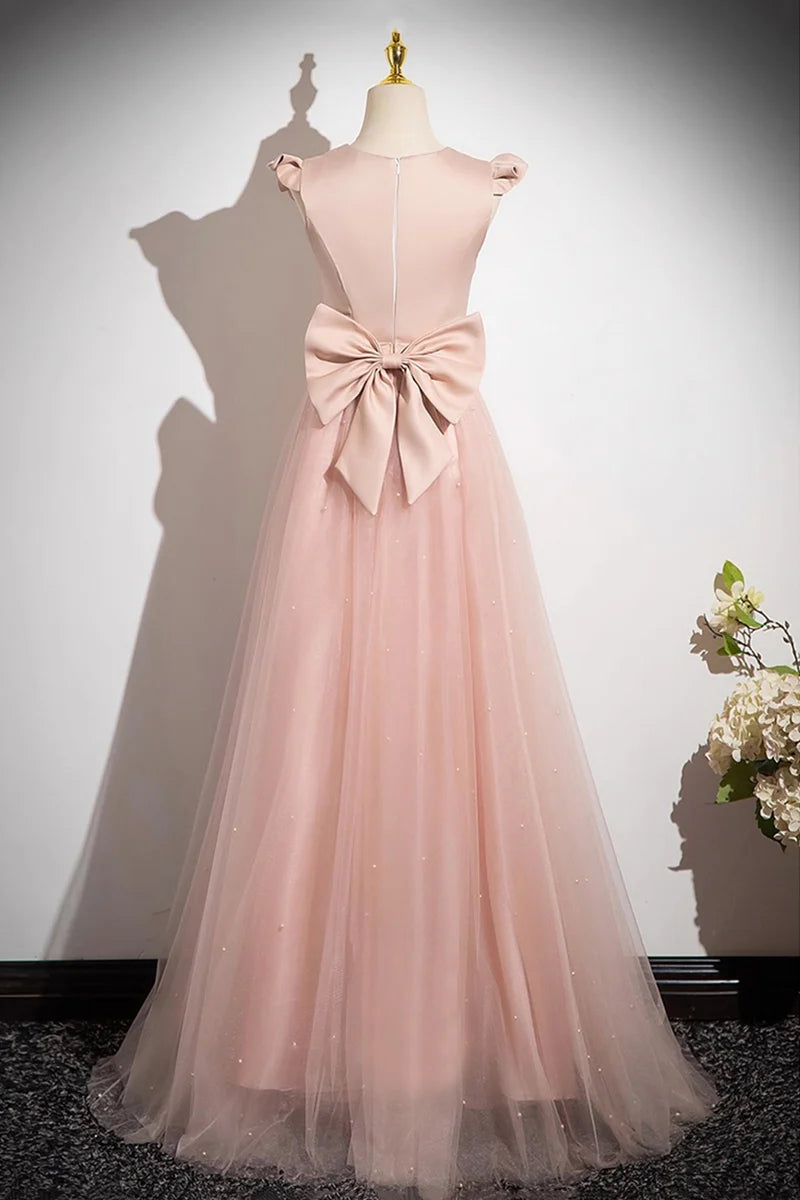 Elegant Pink Satin Tulle A Line Round Neck Sleeveless Beadwork Back Waist Bow Beautiful Long Prom Dresses Formal Graduation Dress Evening Dresses