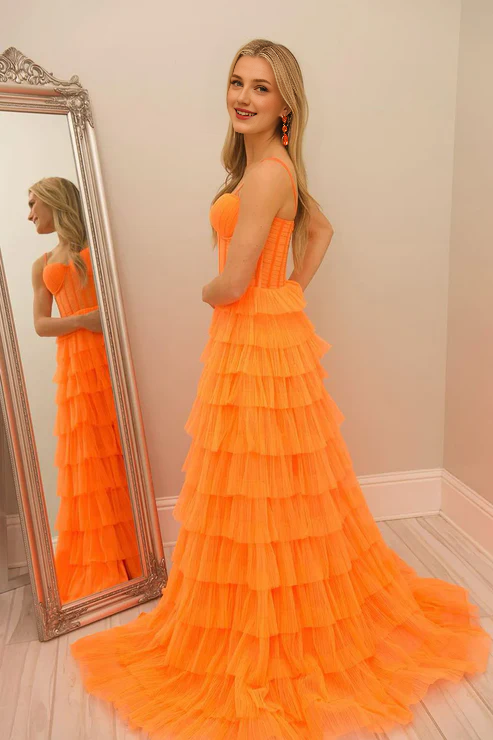 AerbaDress Fashion Orange Sweetheart Evening Dress Ruffle Tiered Tulle Long Prom Dresses