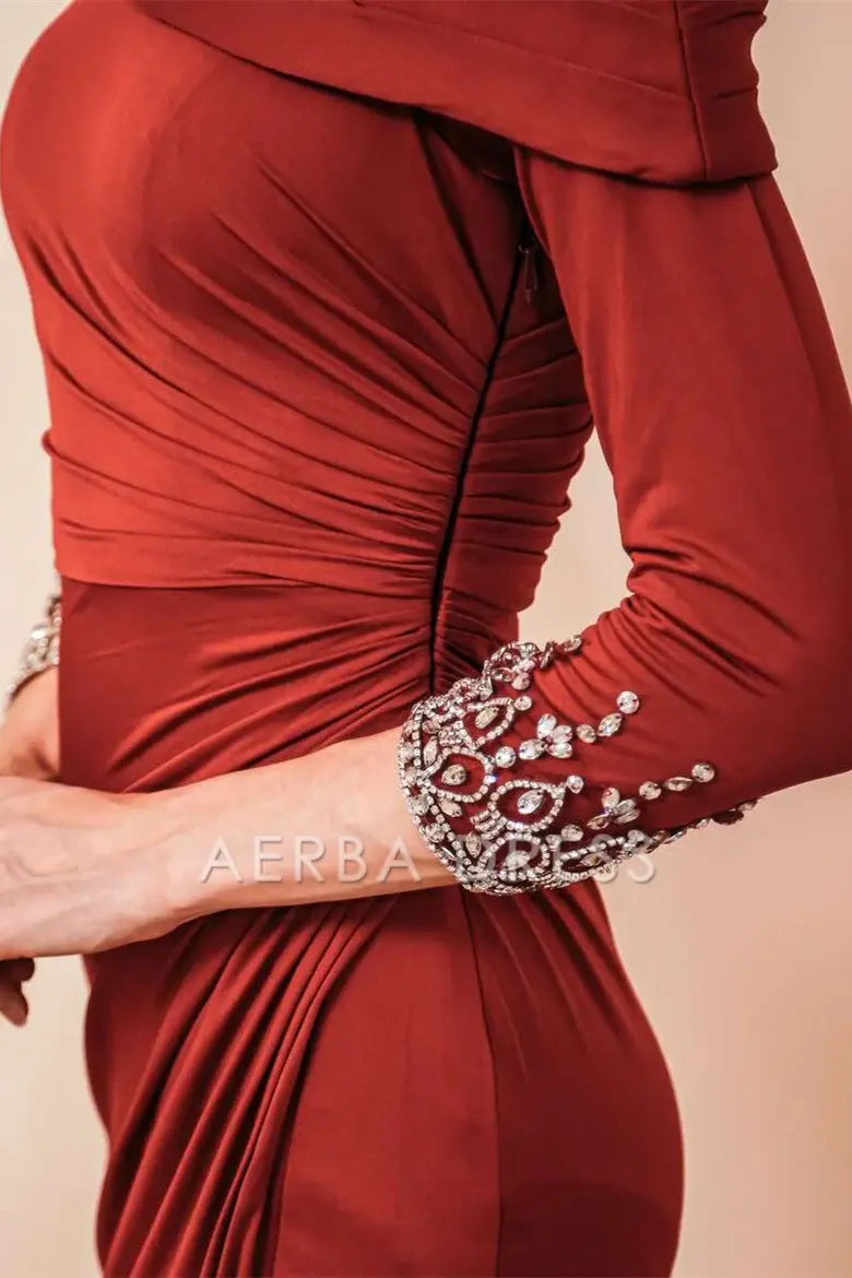 AERBA DRESS Mother of The Bride Dress Off-the-Shoulder Pleated Mermaid Dress Long sleeves Rhinestone Cuffs Side Fork Dress Wedding Guests Dresses