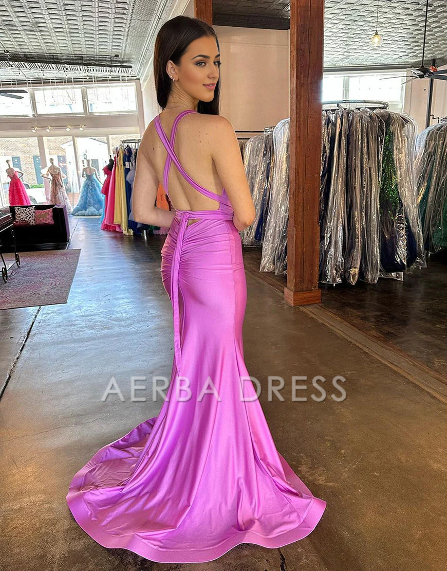 AERBA DRESS Formal Wear Dresses Sexy Deep V-Neck Cross Back Long Satin With Split Charming Prom Dress