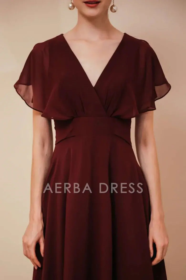 AERBA DRESS Mother of The Bride Dress Chiffon A Line V-Neck Dress with Ruffled Sleeve Elegant Simple Wedding Guests Dresses