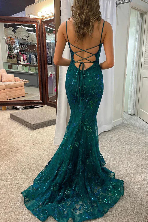 AerbaDress Fashion Mermaid Evening Dress Dark Green Sequins Lace Long Prom Dresses