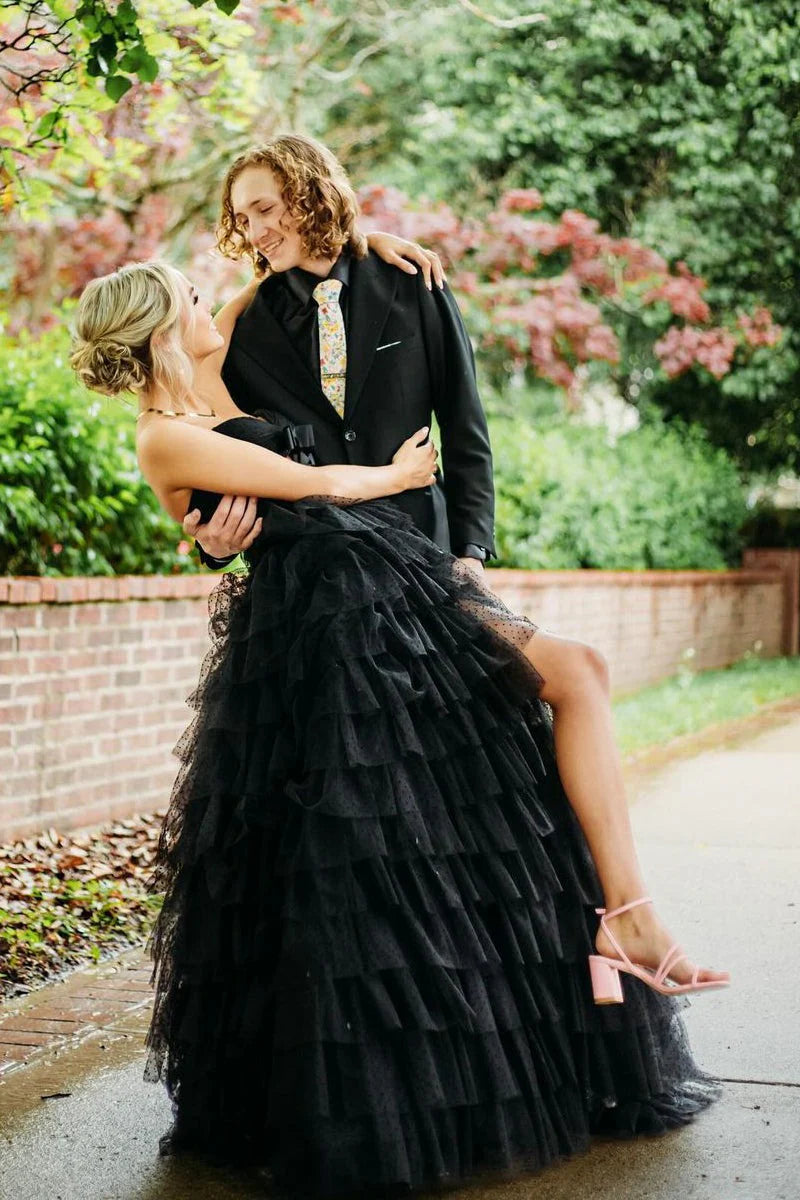 AerbaDress Black Long Prom Dresses Strapless Ruffle Tiered Tulle Evening Dress