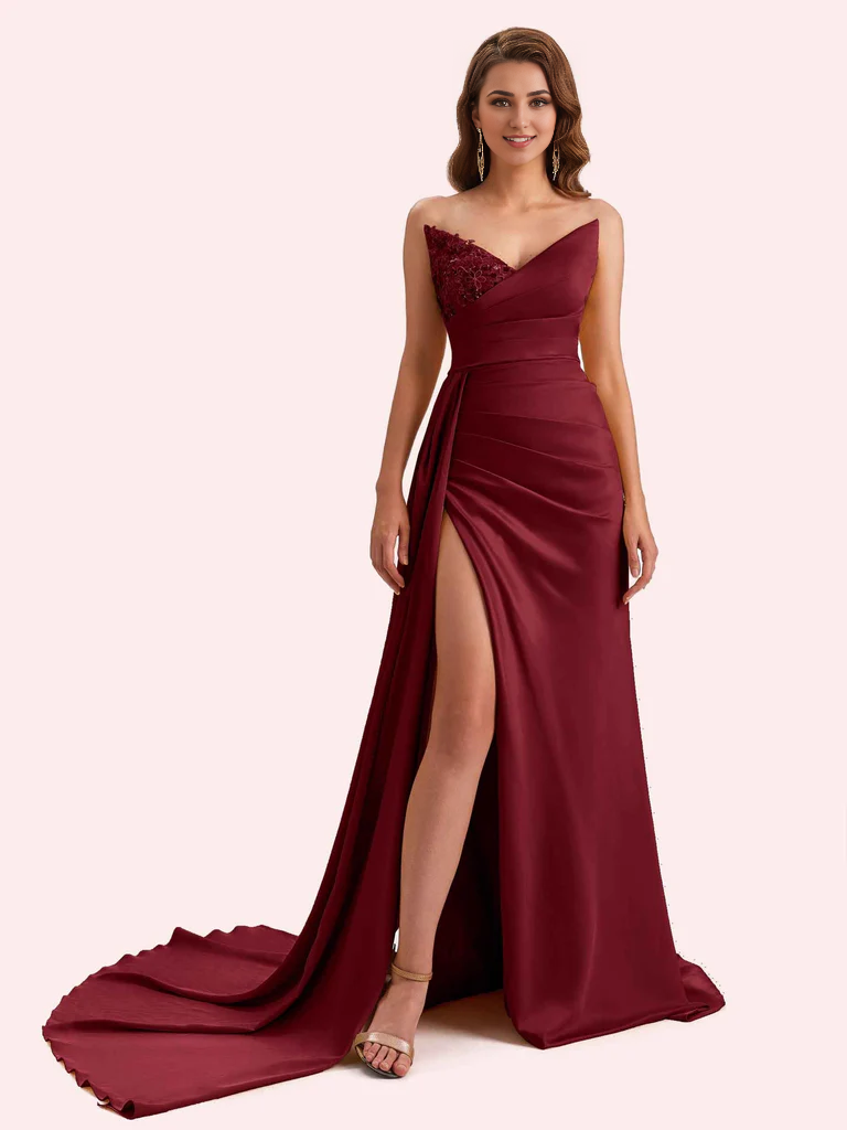 AerbaDress Bridesmaid Dress For Wedding Mermaid V-Neck Side Slit Strapless Soft Satin