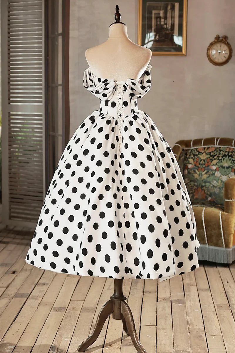 White and Black A-Line Retro Polka Dots Pleated Backless Short Lovely Long Prom Dresses Formal Graduation Dress Evening Dresses