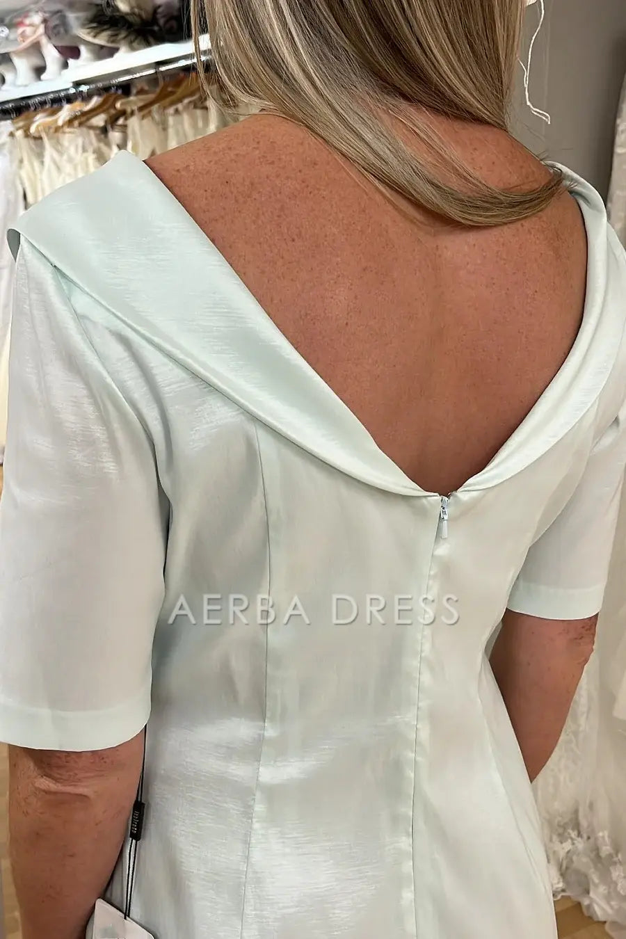 AERBA DRESS Mother of The Bride Dress Satin Folded Deep V-Neckline 1/2 Sleeves Calf-Length Back Slit Elegant Dresses Wedding Guests Dresses