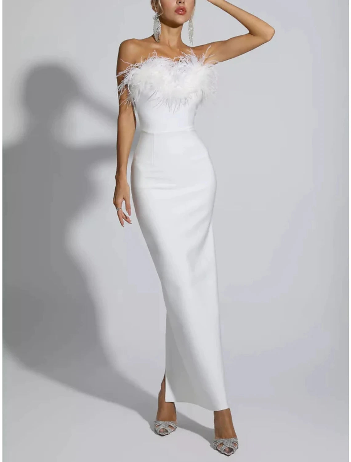 DingJiDress Black Sheath / Column Evening Gown Elegant Dress Formal Fall Ankle Length Sleeveless Strapless Stretch Fabric with Feather