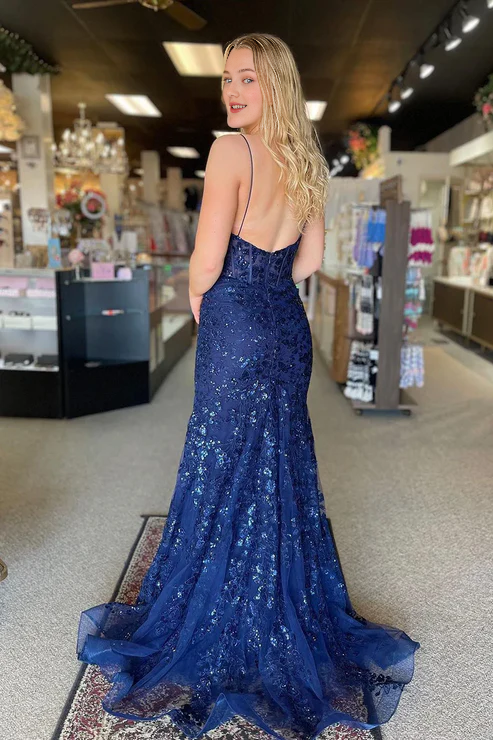 AerbaDress Fashion Mermaid Long Prom Dresses Navy Scoop Neck Evening Dress Sequin Lace