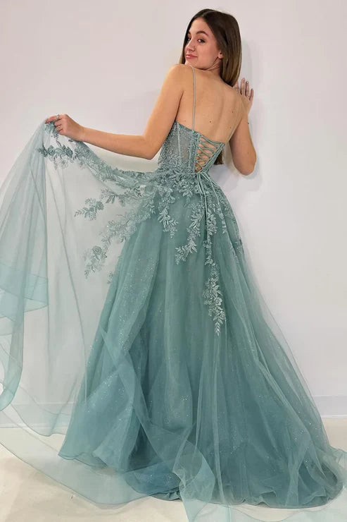 AerbaDress Sweetheart Evening Dress Spaghetti Straps Tulle A-Line Long Prom Dresses