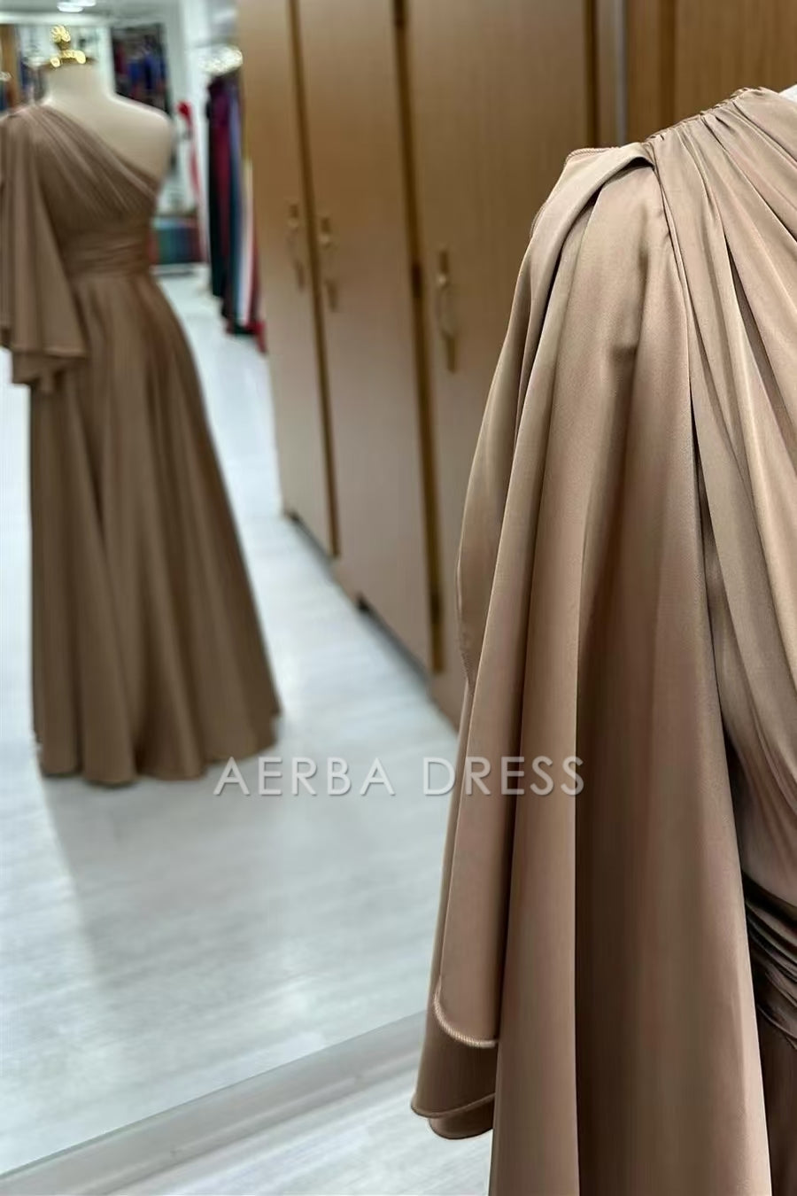 AERBA DRESS Mother of The Bride Dress A-Line One-Shoulder Flared Sleeve Pleated Long Elegant Dress Wedding Guests Dresses