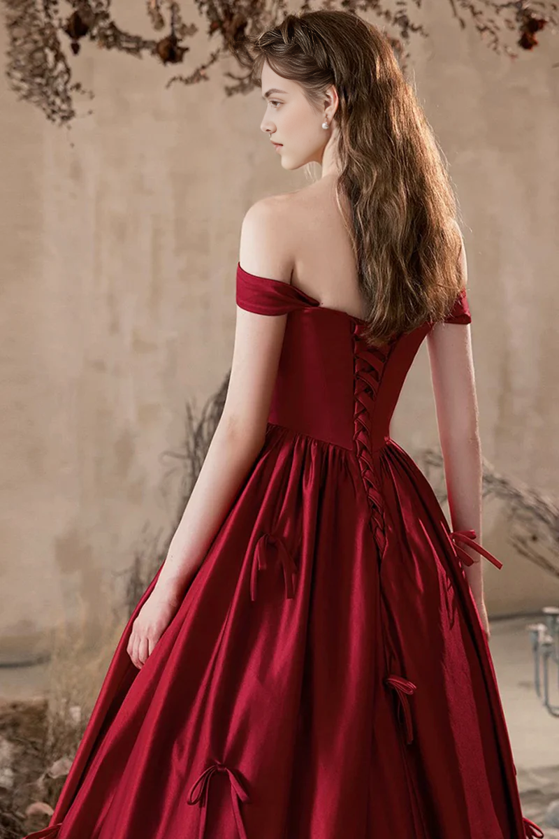 Exquisite Burgundy Satin A-Line Off the Shoulder Bow Decoration Pleated Lovely Long Prom Dresses Formal Graduation Dress Evening Dresses