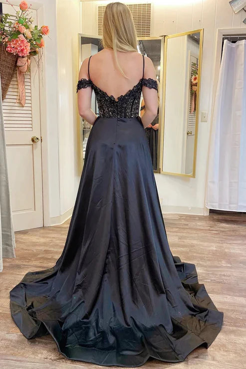 AerbaDress Fashion A Line Evening Dress Cold-Shoulder Beaded Black Prom Dresses