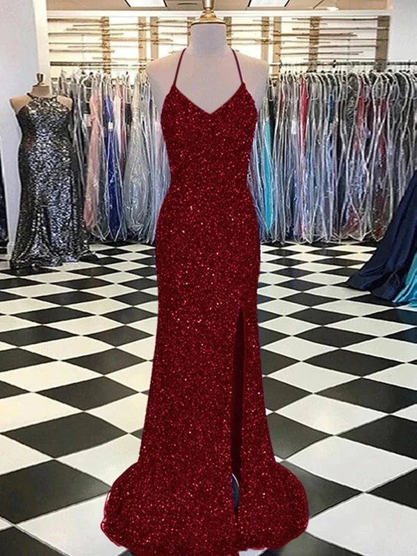 AerbaDress Sheath V-Neck Sleeveless Long Sweep Train Velvet Sequin Prom Dress