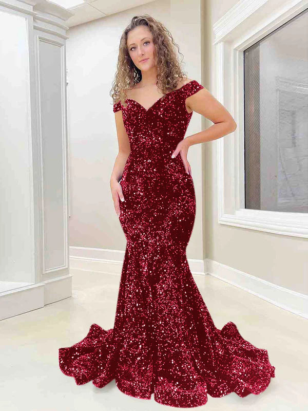 AerbaDress Mermaid Off the Shoulder Sleeveless Long Velvet Sequin Prom Dress