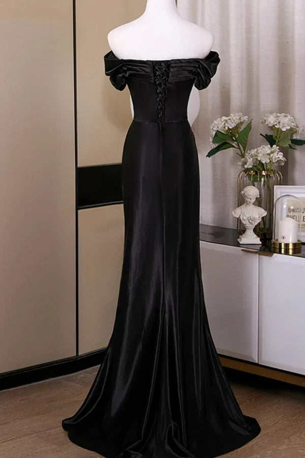 Elegant Mermaid Off-the-Shoulder Ruched Black Satin Long Prom Dresses