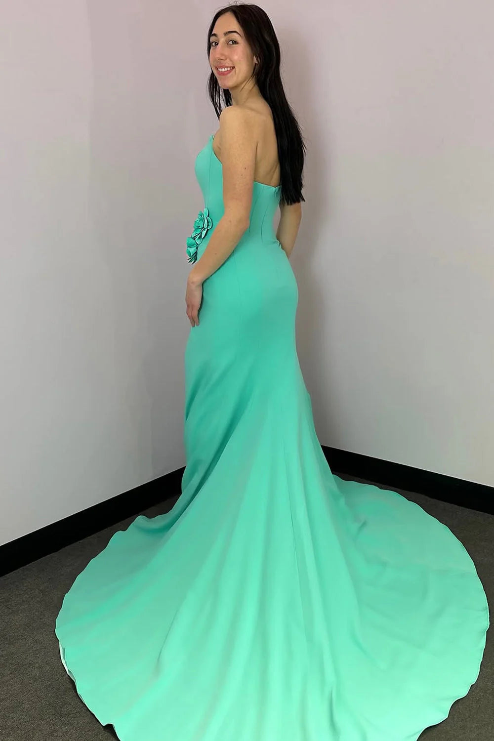 Elegant Mermaid Strapless 3D Flower Mint Floor-Length Prom Dress