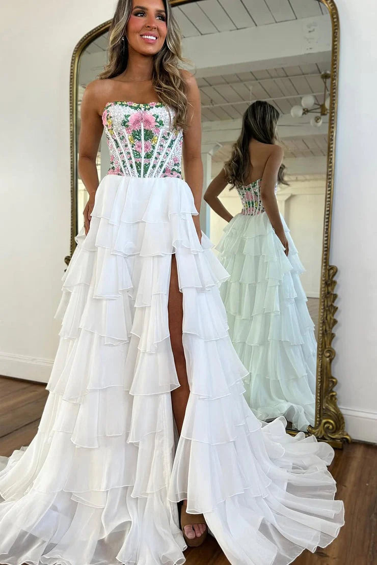 Elegant Mermaid Sweetheart Strapless Floral White Floor-Length Prom Dress