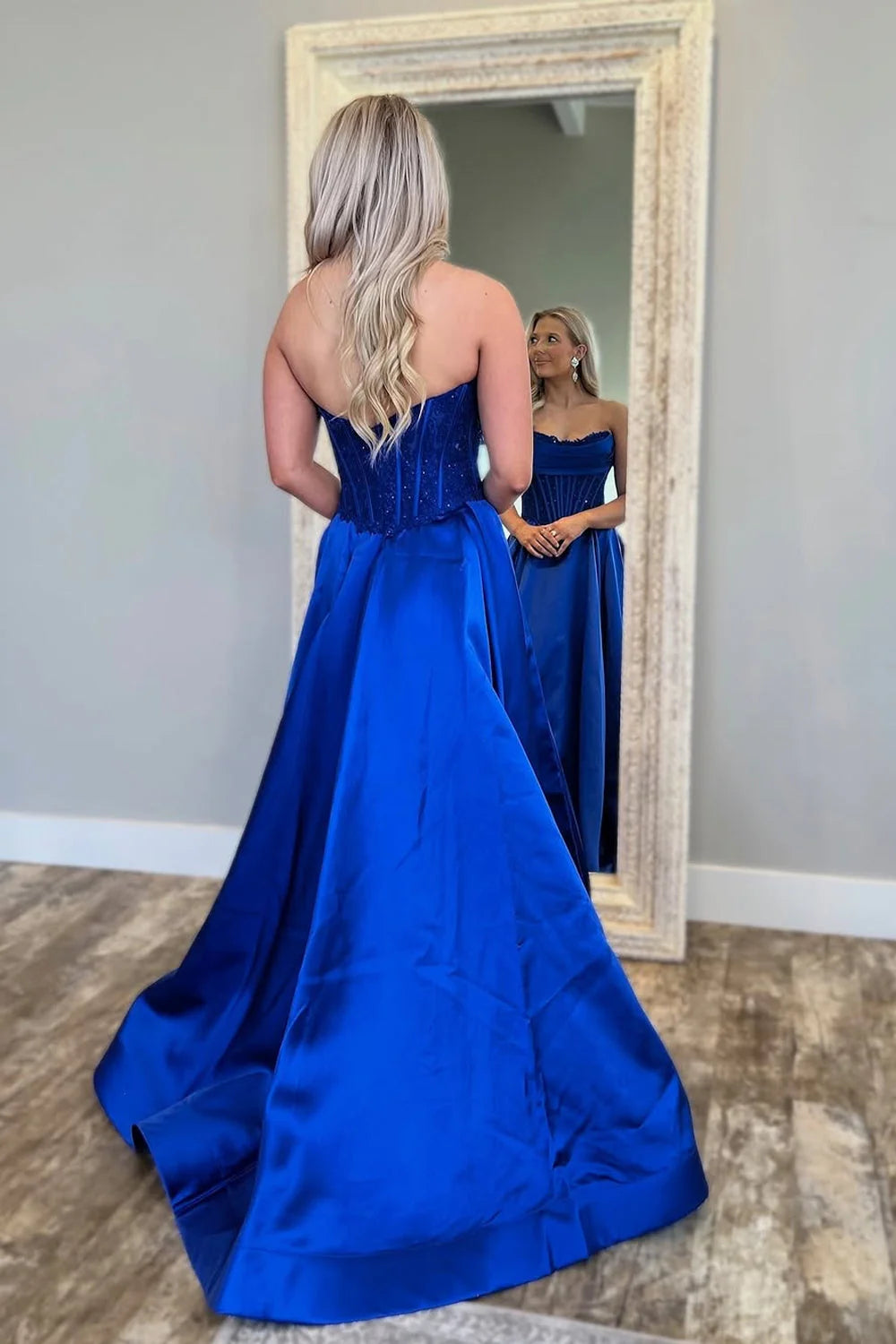 Elegant Strapless Sequin Royal Blue Floor-Length Prom Dress