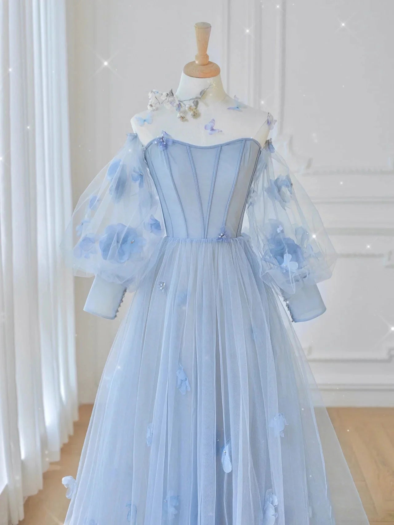 Enchanting A-Line Off-the-Shoulder Floral Sky Blue Floor-Length Party Dress