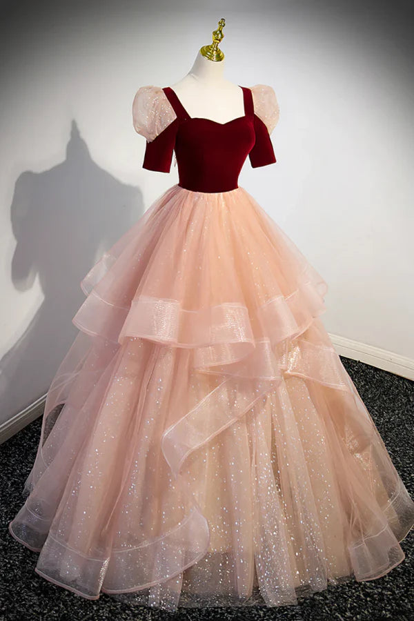 Fairytale Sweetheart Puff-sleeve Burgundy Floor-length Prom Dress