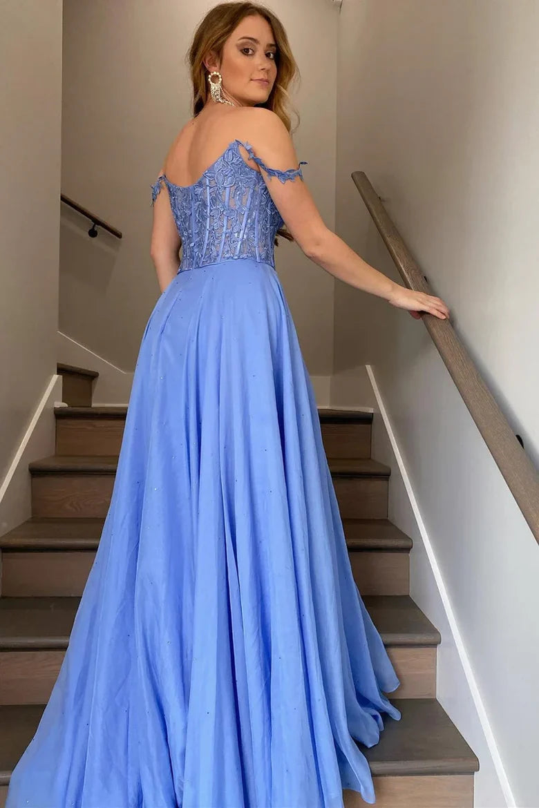 Glamorous A-Line Off-the-Shoulder Lace Blue Floor-Length Prom Dress