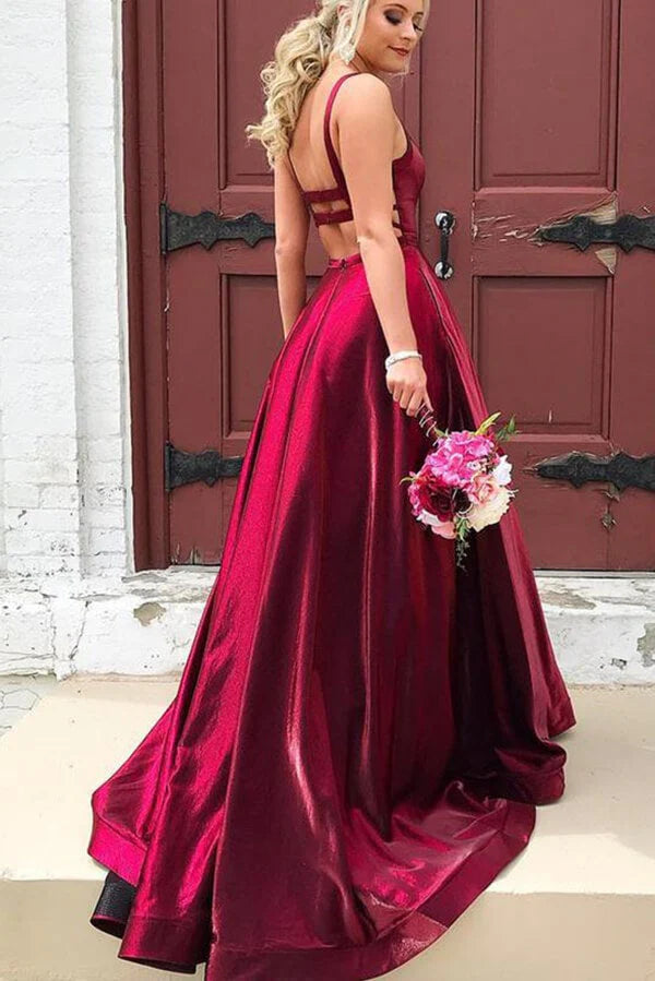 Glamorous A-Line Square Neck Satin Burgundy Floor-Length Evening Dress