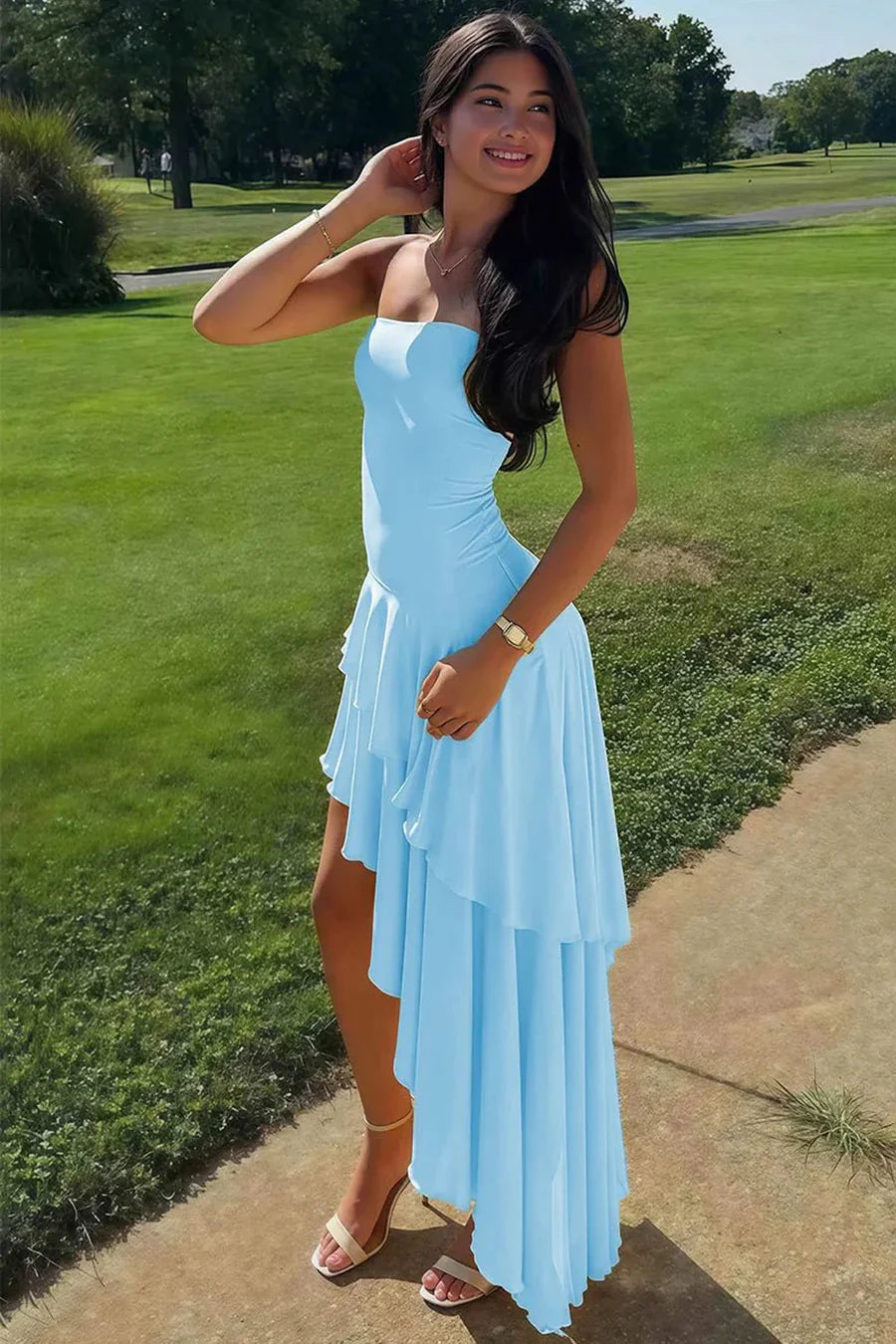 Glamorous A-Line Strapless Ruffled Light Blue High-Low Party Dress