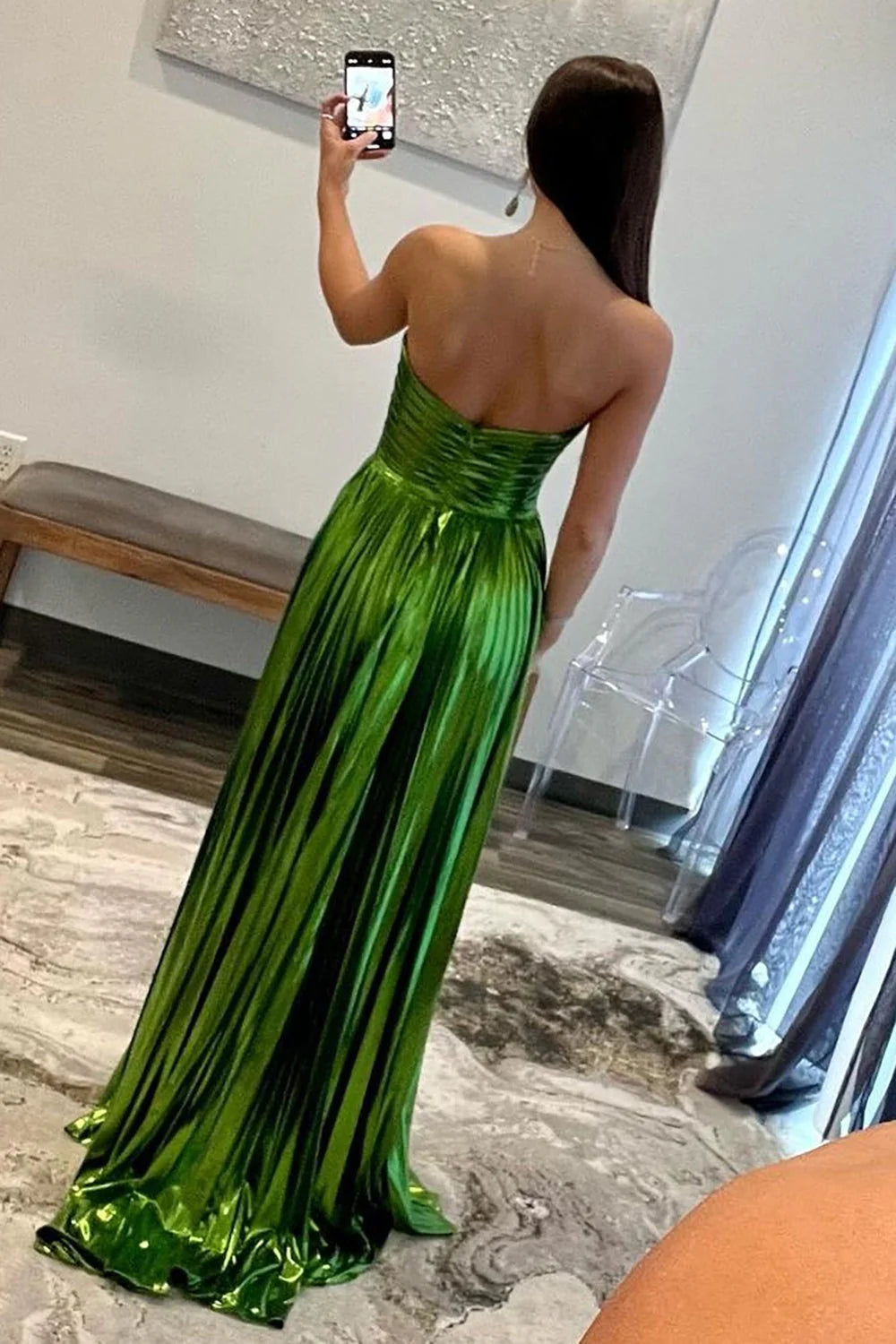 Glamorous A Line Sweetheart Strapless Metallic Green Floor-Length Prom Dress
