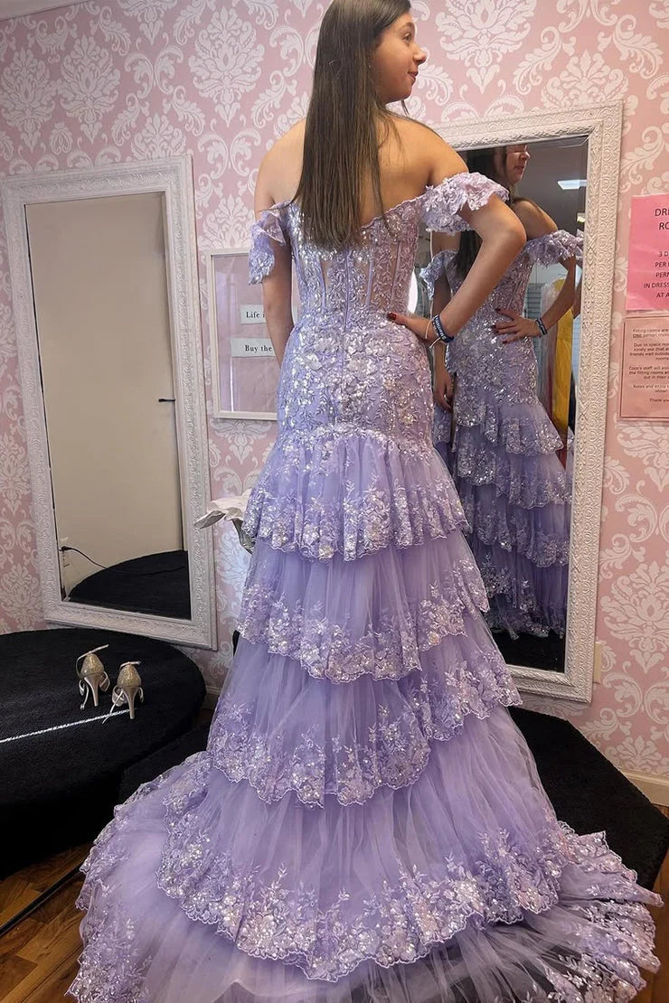 Glamorous Lavender Ruffled Mermaid Off-Shoulder Prom Dress