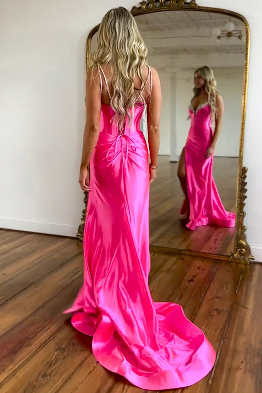 Glamorous Mermaid Deep V Beaded Hot Pink Floor-Length Prom Dress