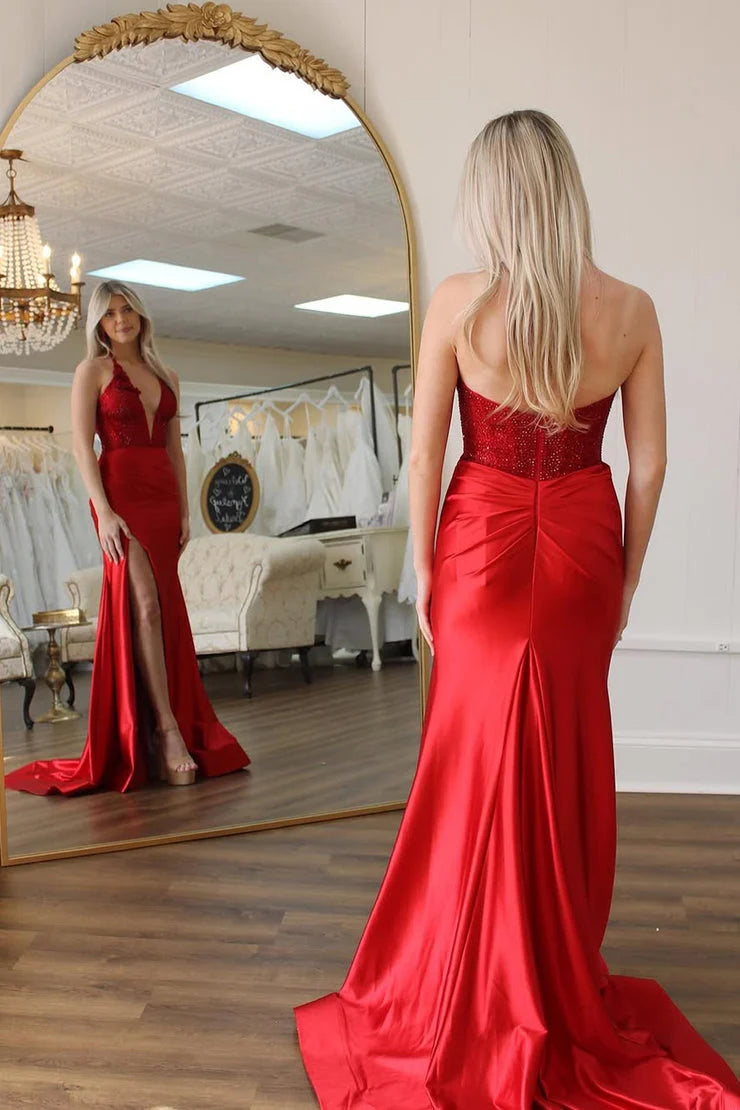 Glamorous Mermaid Halter Beaded Red Floor-Length Prom Dress