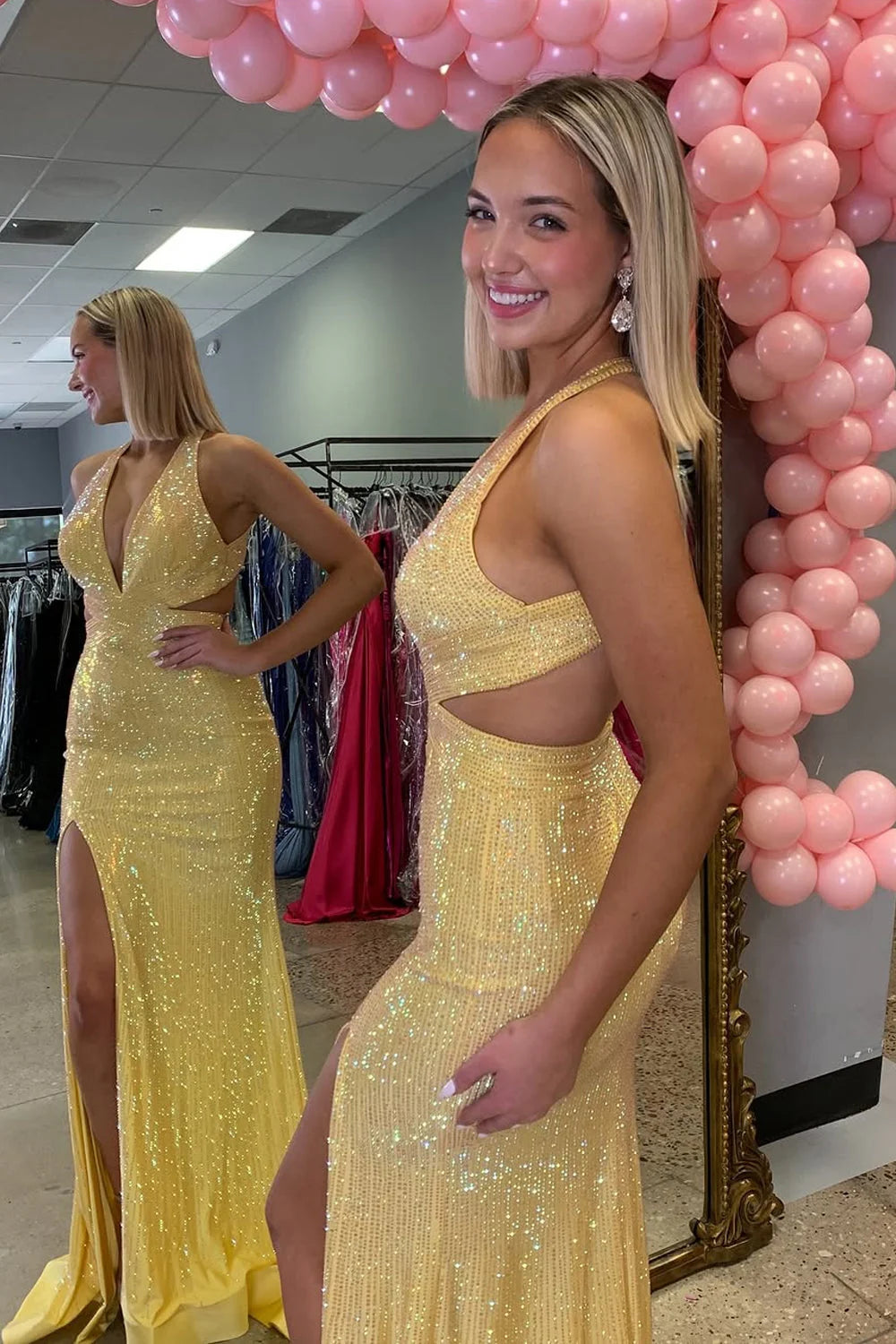 Glamorous Mermaid Halter Sequin Yellow Floor-Length Prom Dress