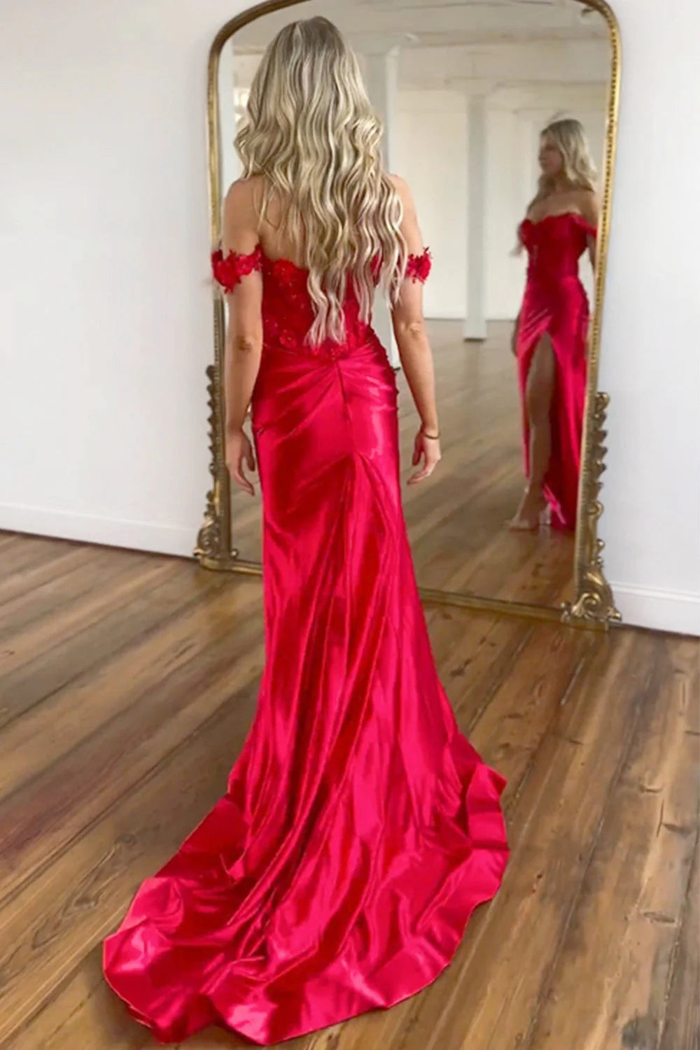 Glamorous Mermaid Off Shoulder Floral Red Floor-Length Prom Dress