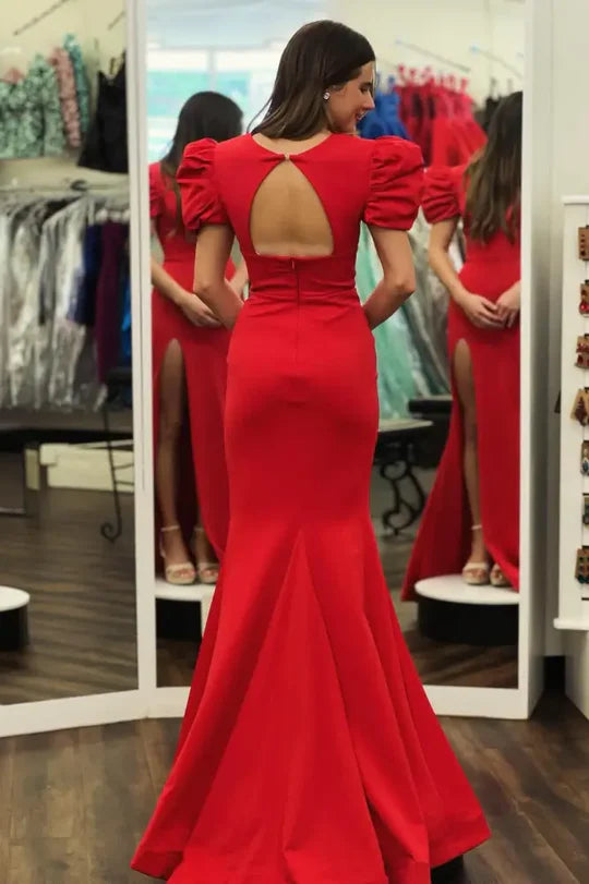 Glamorous Mermaid Puffed-Sleeve Cutout Red Floor-Length Prom Dress