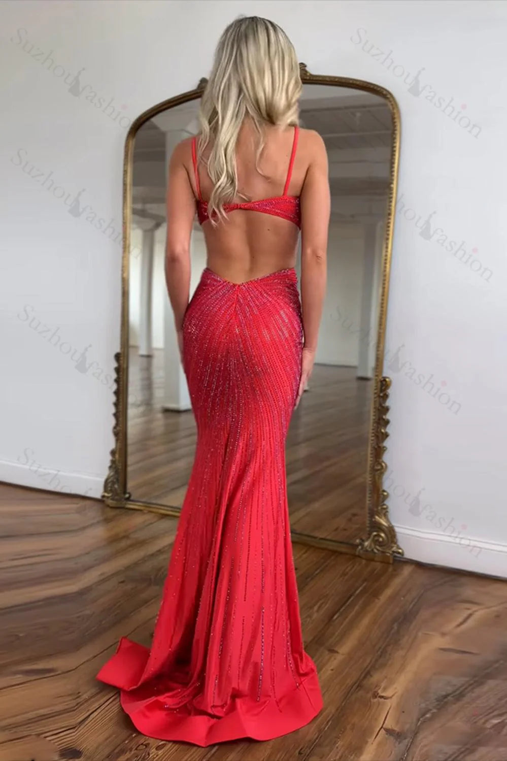 Glamorous Mermaid Spaghetti Strap Cutout Red Floor-Length Prom Dress