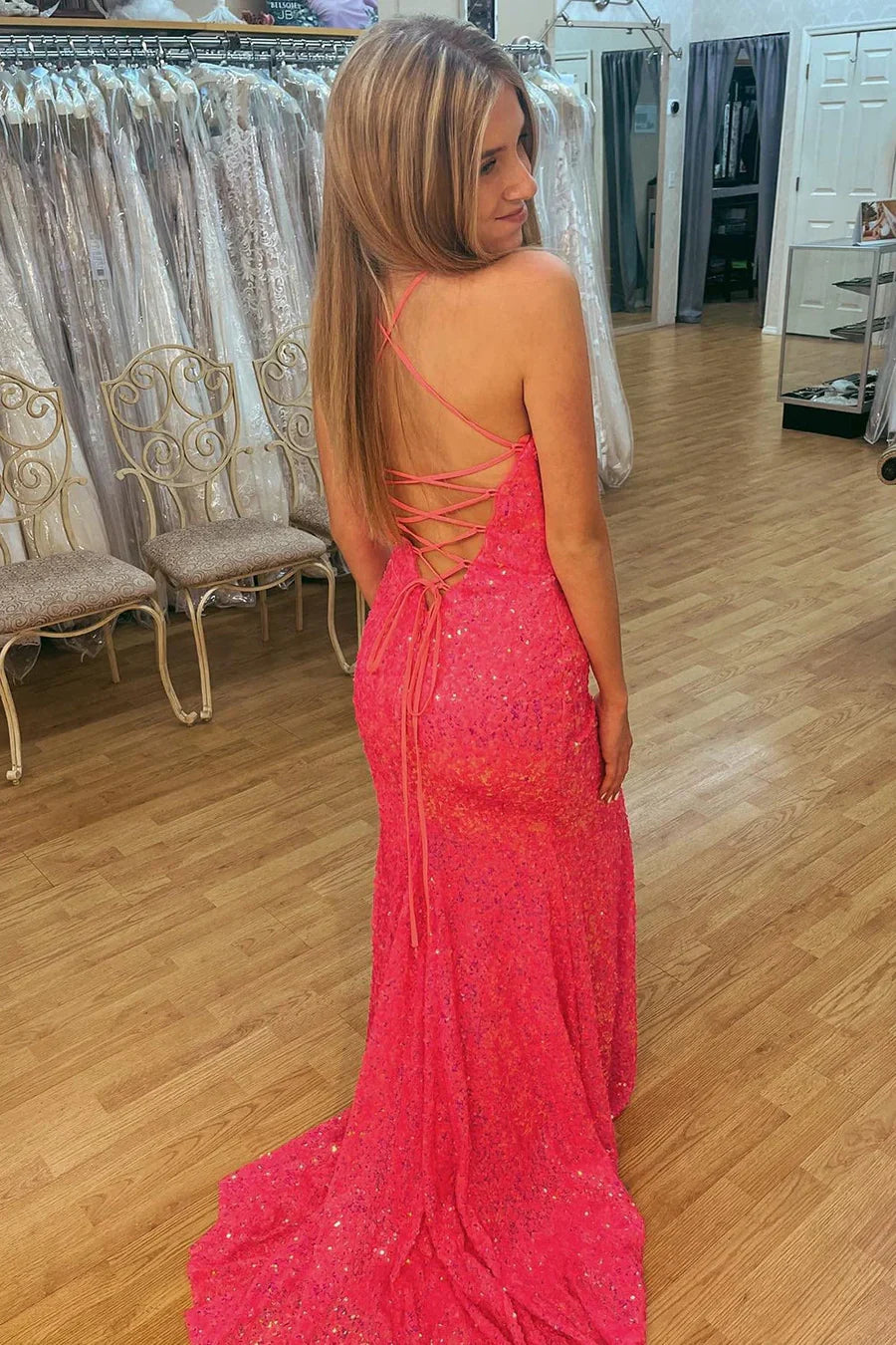Glamorous Mermaid Spaghetti Strap Lace-Up Pink Floor-Length Prom Dress