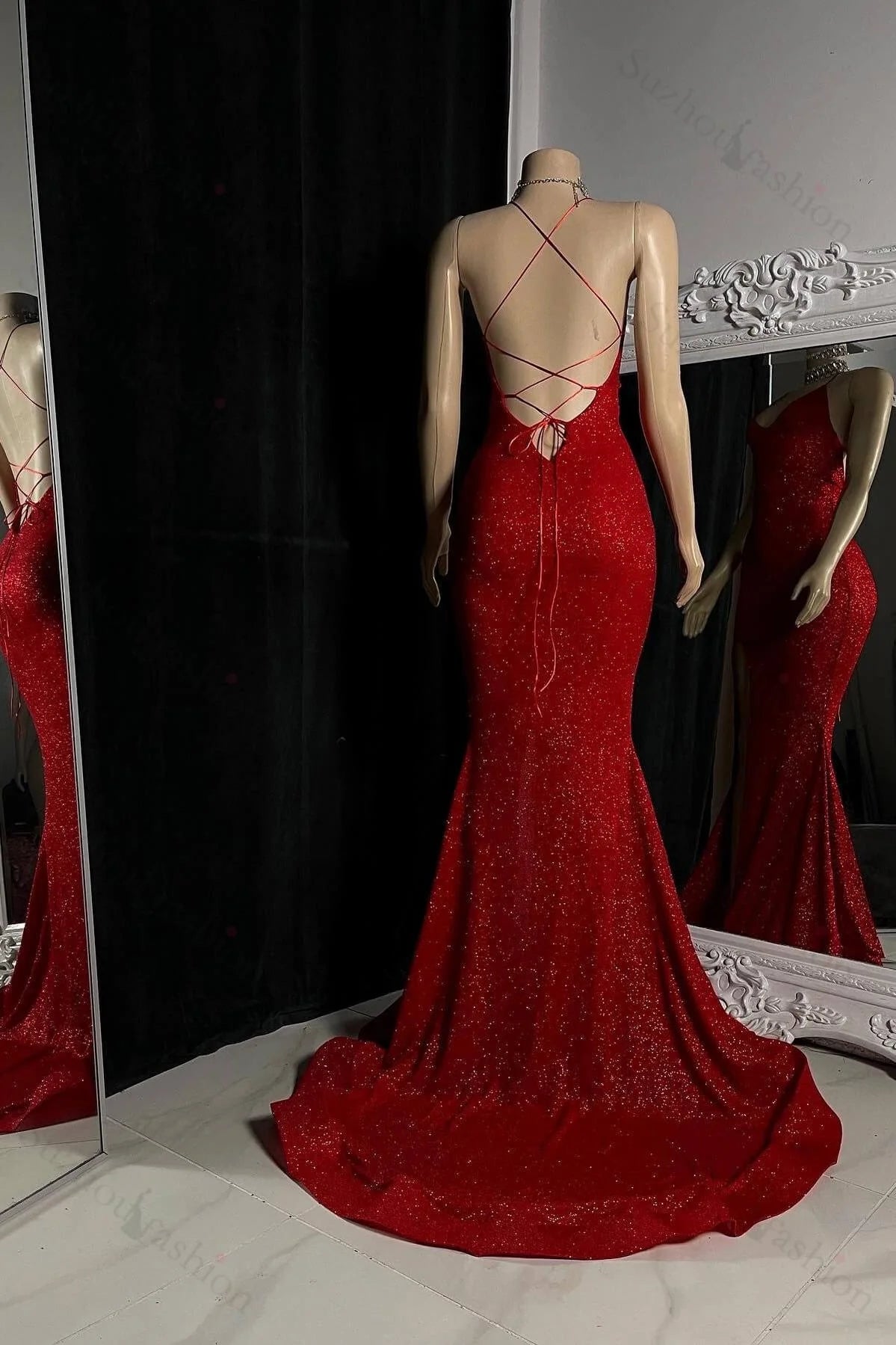 Glamorous Mermaid Spaghetti Strap Sequin Red Floor-Length Prom Dress