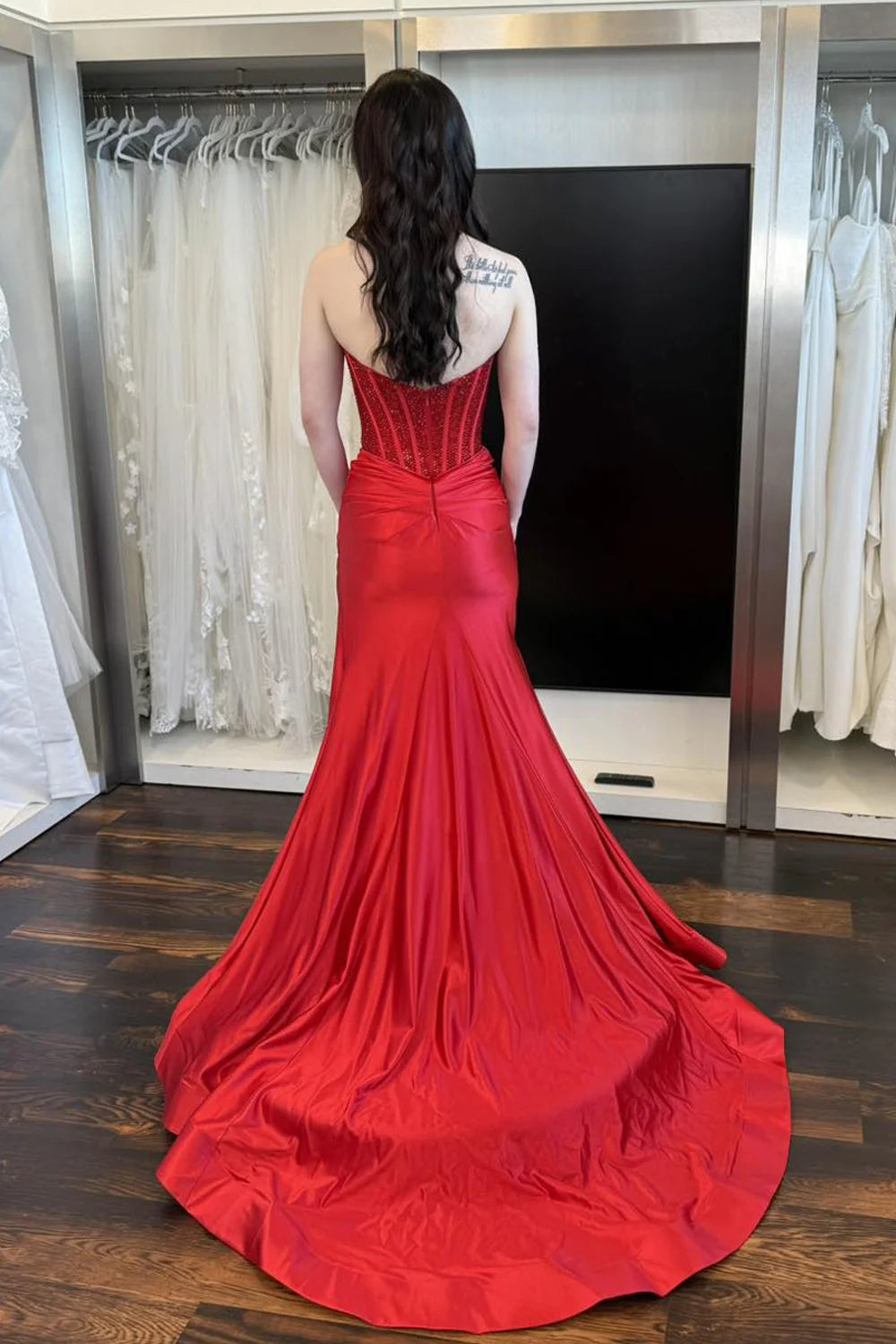 Glamorous Mermaid Strapless Beaded Red Floor-Length Prom Dress