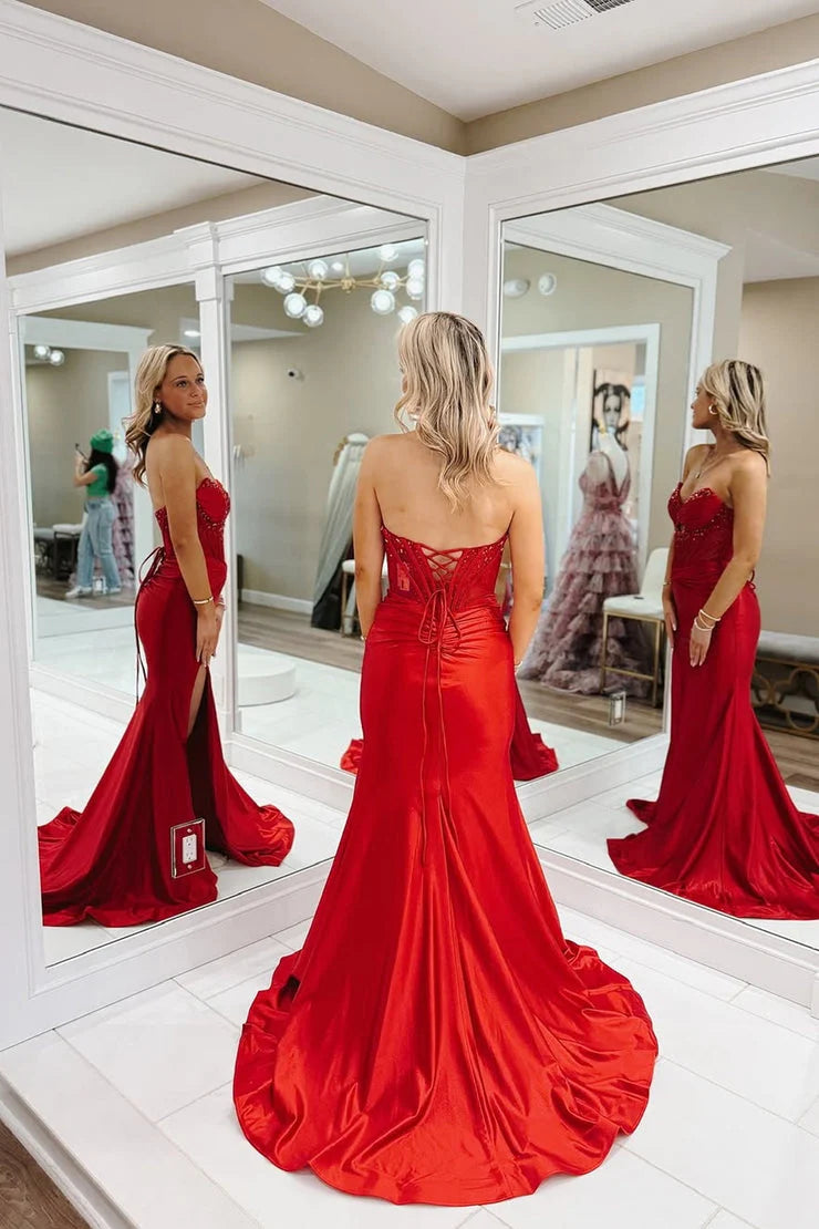 Glamorous Mermaid Strapless Beaded Red Floor-Length Prom Dress