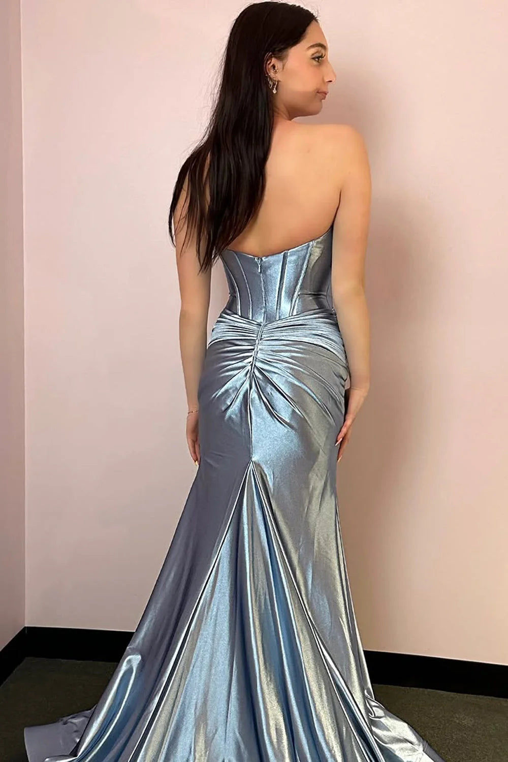 Glamorous Mermaid Strapless Dusty Blue Floor-Length Prom Dress