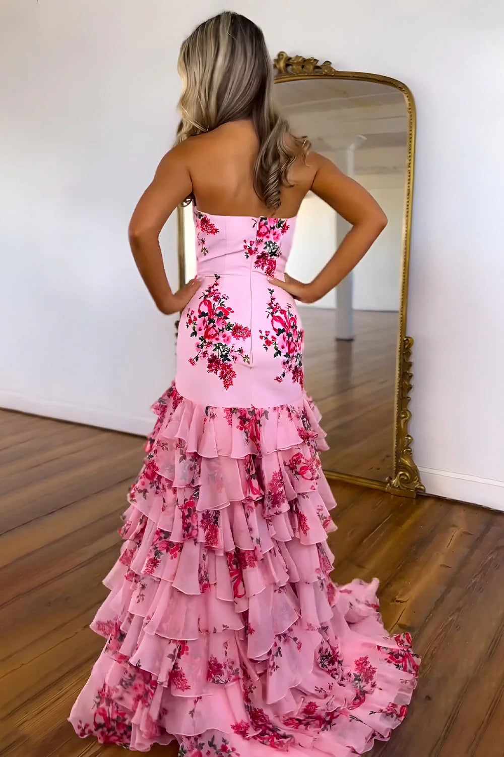 Glamorous Mermaid Strapless Floral Print Pink Floor-Length Prom Dress