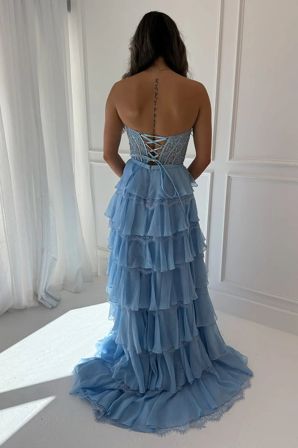 Glamorous Mermaid Strapless Ruffled Light Blue Prom Dress