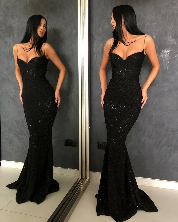 Glamorous Mermaid Sweetheart Sequin Black Floor-Length Prom Dress