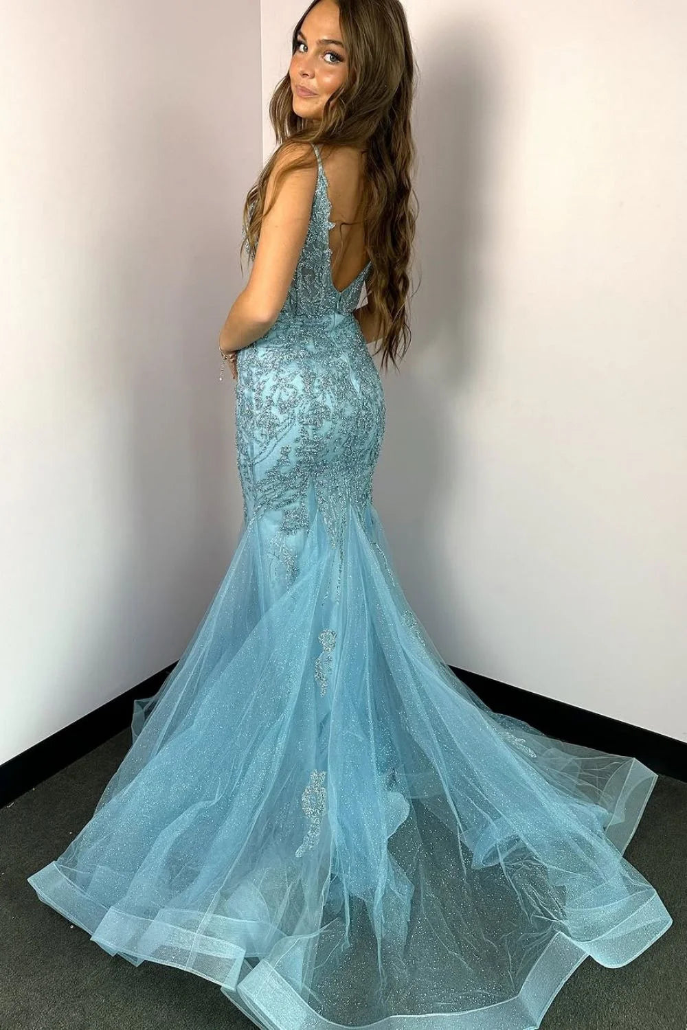 Glamorous Mermaid V Neck Beaded Light Blue Floor-Length Prom Dress