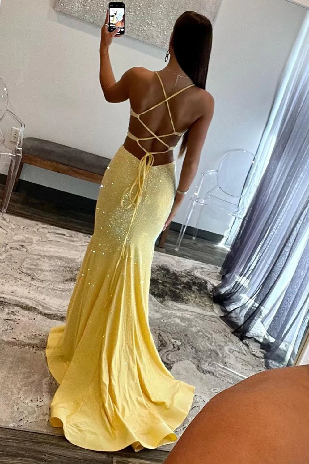 Glamorous Mermaid V Neck Sequin Yellow Floor-Length Prom Dress