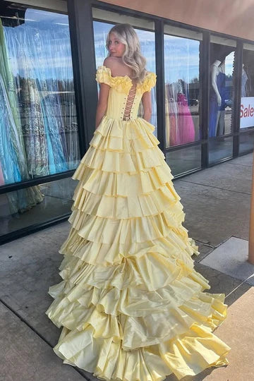 Glamorous Off-the-Shoulder Ruffled Yellow Floor-Length Evening Dress