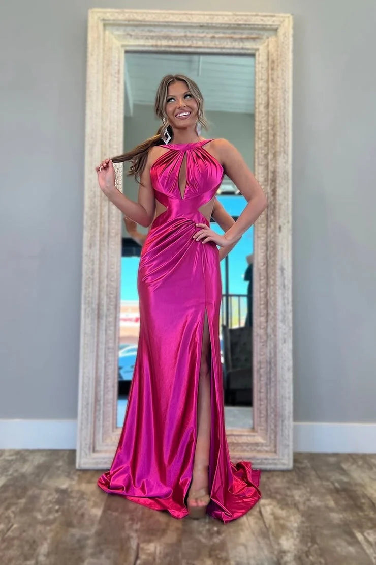 Glamorous Sheath Halter Cutout Hot Pink Floor-Length Prom Dress