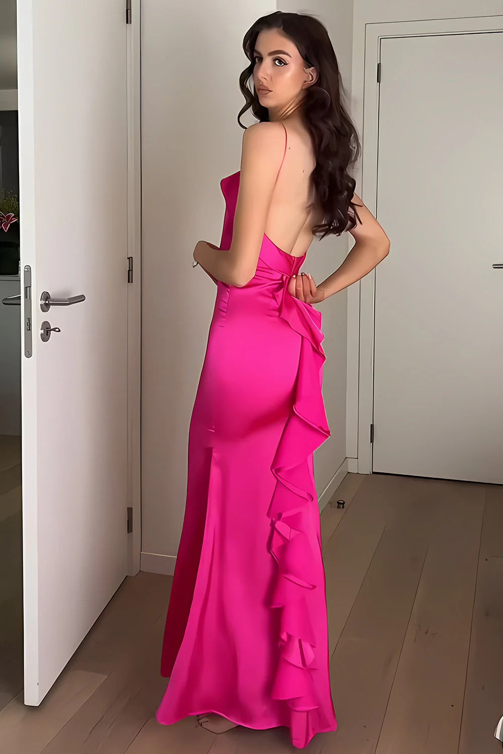Glamorous Sheath Spaghetti Strap Ruffle Hot Pink Floor-Length Prom Dress
