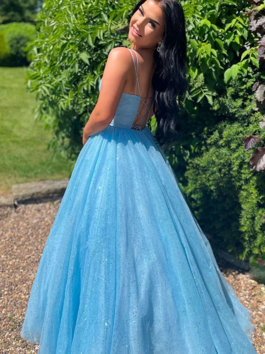 Glamorous V-Neck Sleeveless Glitter Sky Blue Floor-Length Evening Dress